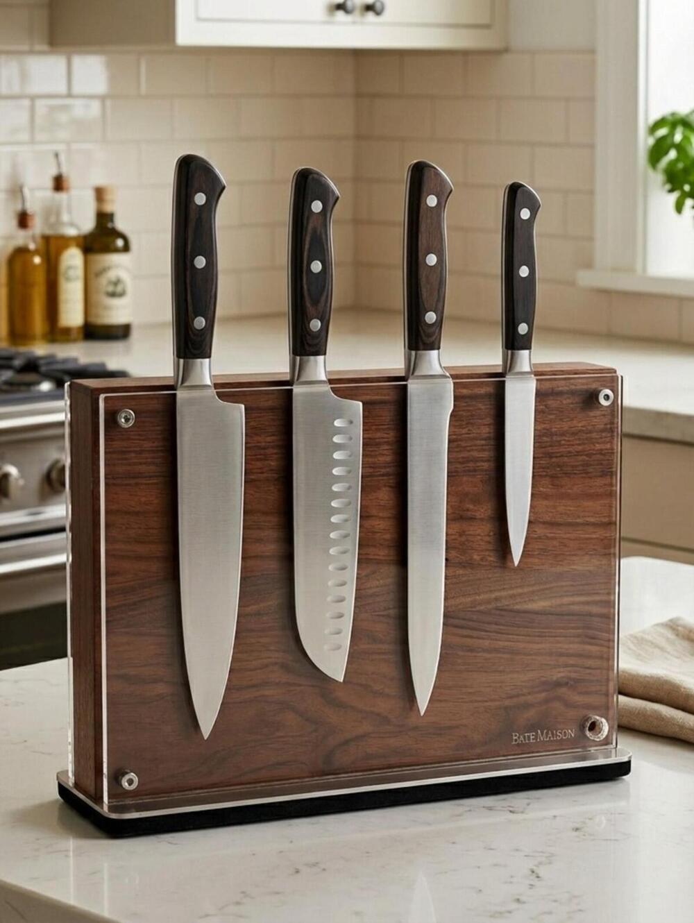 Baie Maison Magnetic Knife Holder Acrylic Wood Heavy Display Stand 13"